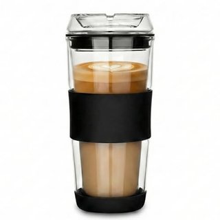 14oz Double Walled Glass Coffee Tumbler with Lid & Sleeve
