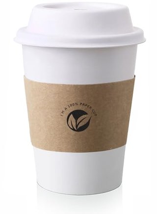 KTOB [50 pack] 12 oz Compostable Coffee Cups with Lids and Kraft Sleeves, Eco Friendly Disposable White Paper Cups Combo for Hot Beverage