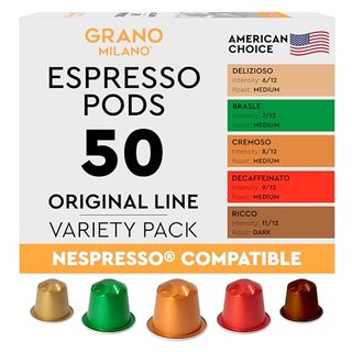 Grano Milano Variety Pack Decaf Coffee Capsules - 50 Aluminum Pods for Nespresso