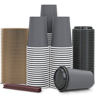 100 Pack Disposable Coffee Cups with Lids and Sleeves