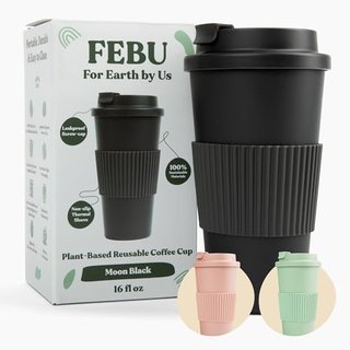 FEBU Plant-Based Reusable Coffee Cup with Lid and Sleeve | 16oz, Moon Black